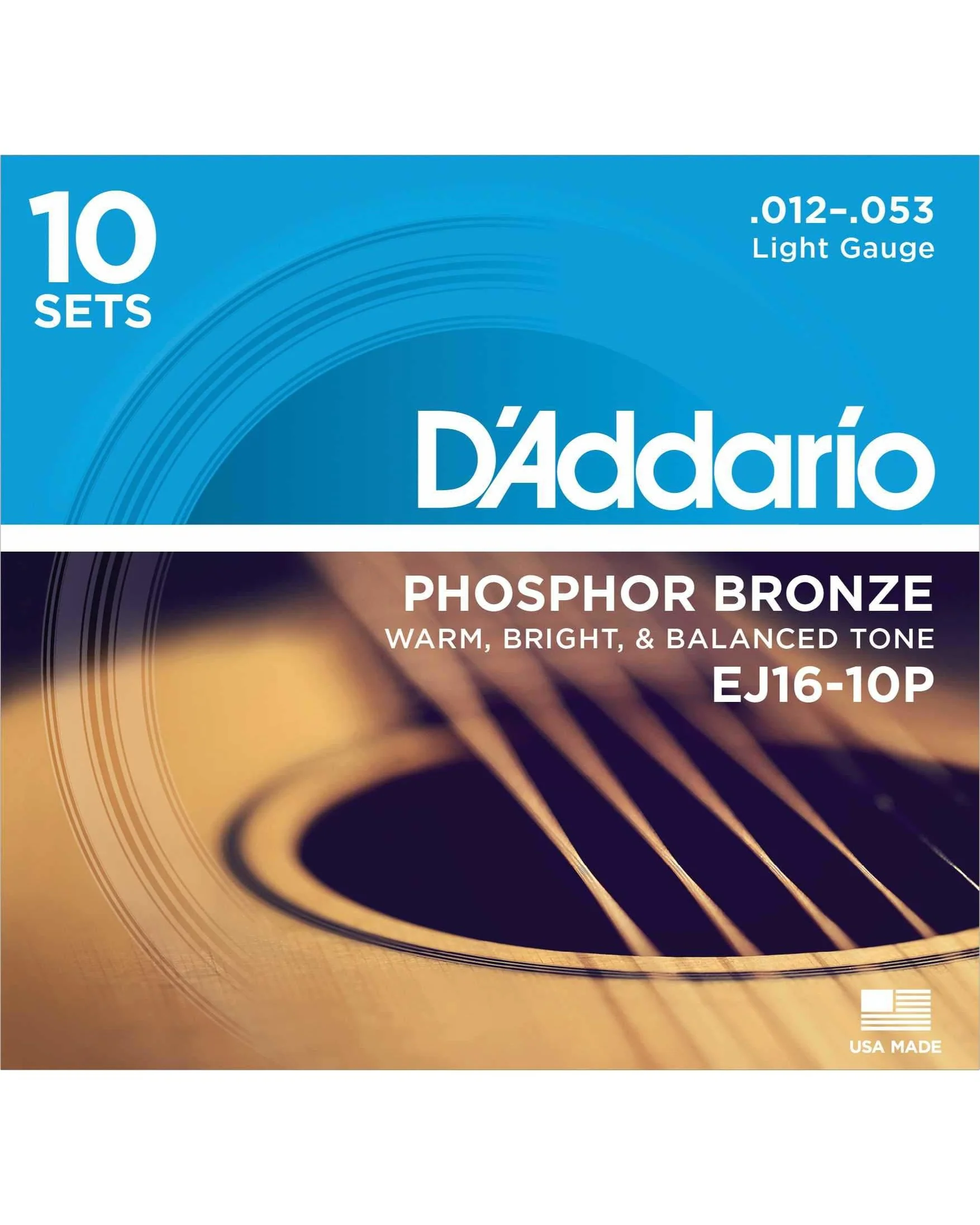 D'Addario EJ16 Phosphor Bronze Acoustic Guitar Strings, Light (10-Pack)