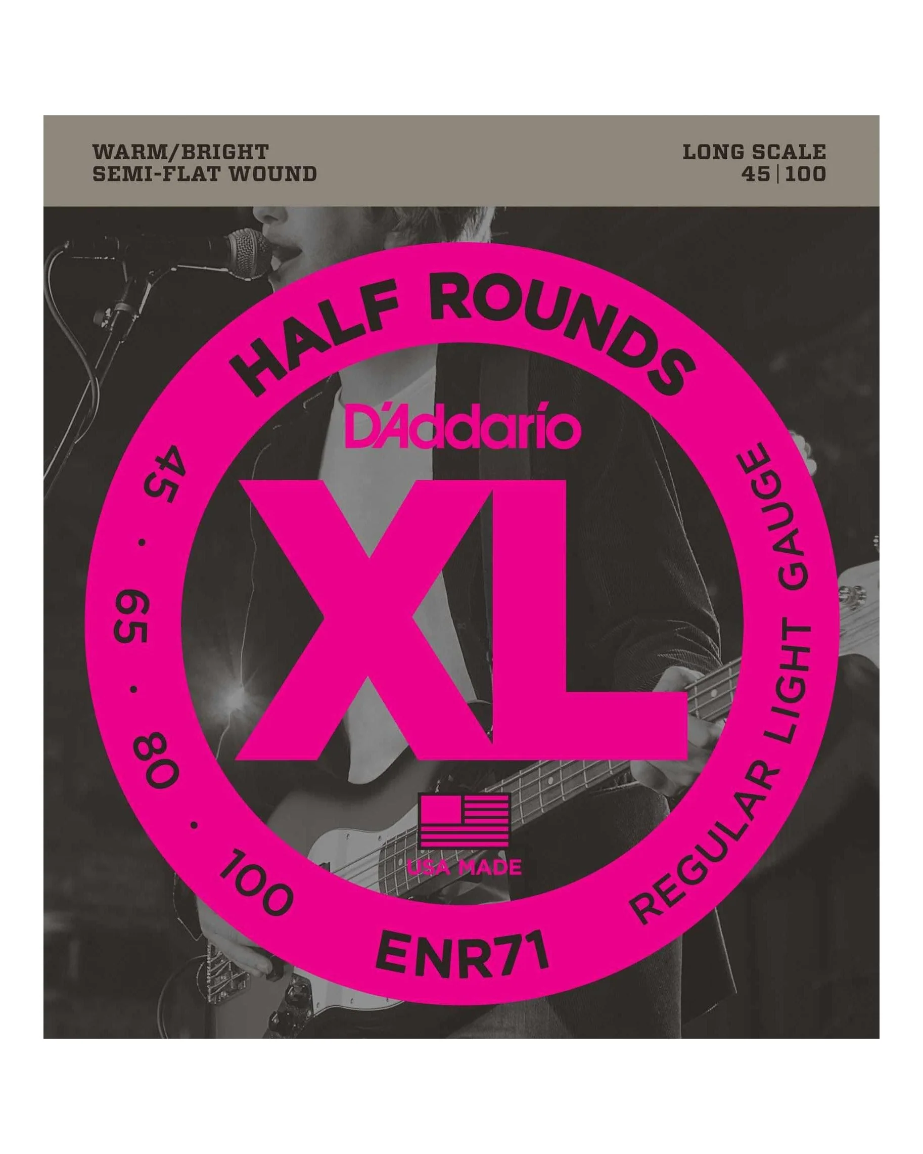 D'Addario ENR71 Semi-Flat Wound Long Scale Electric Bass Guitar Strings, Light