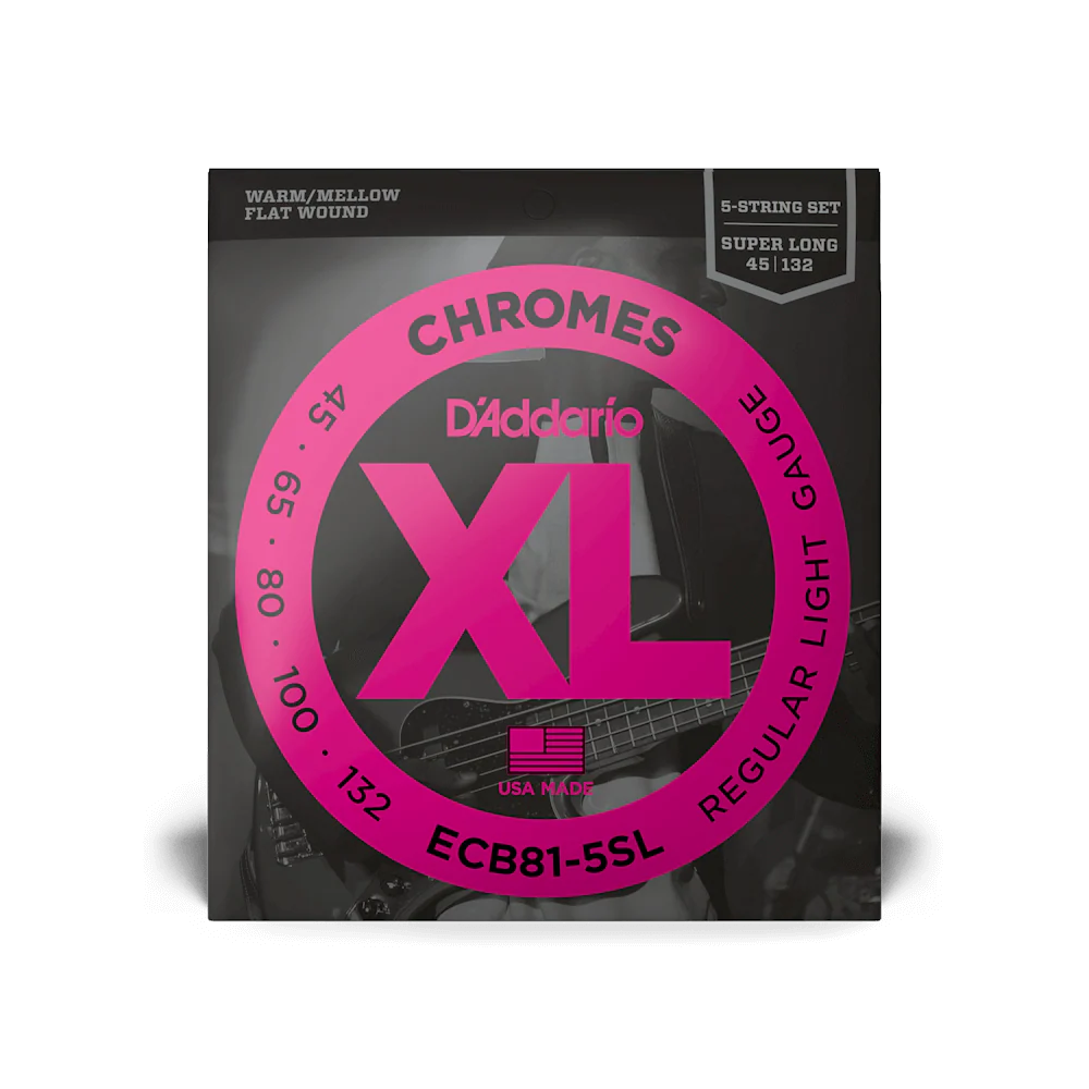 D'Addario ECB81-5SL Chrome Flat Wound Super Long Scale 5-String Bass Guitar Strings, Light