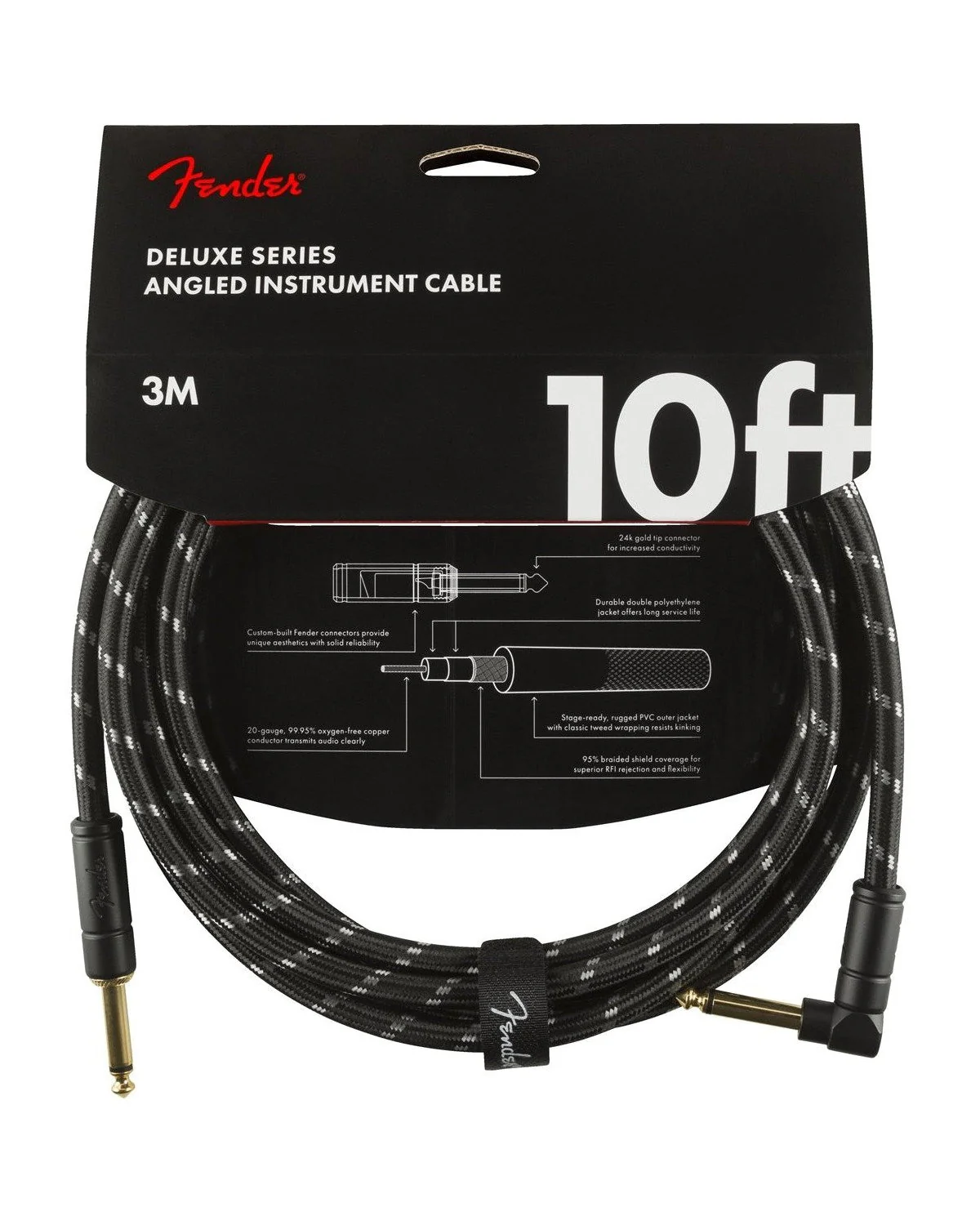 Fender Deluxe Series 10ft Instrument Cable, Angled End, Black Tweed