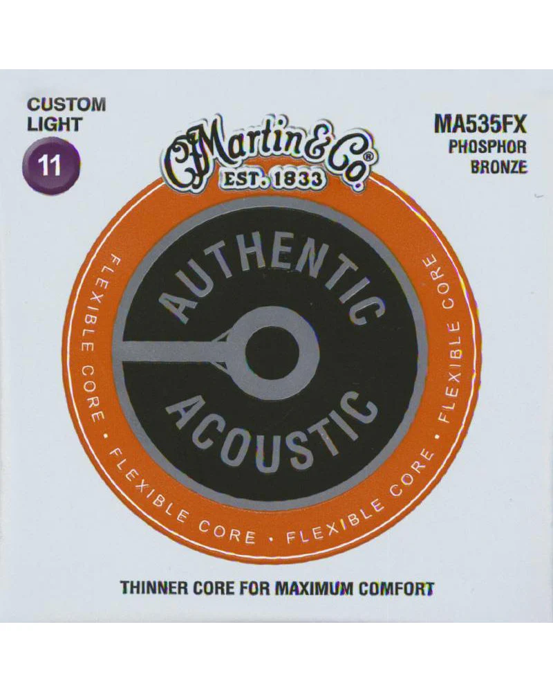 Martin MA535FX Authentic Acoustic Flexible Core Phosphor Bronze Acoustic Guitar Strings, Custom Light