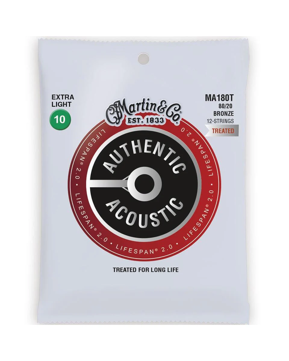 Martin MA180T Authentic Acoustic Lifespan 2.0 Treated 80/20 Bronze 12-String Acoustic Guitar Strings, Extra Light