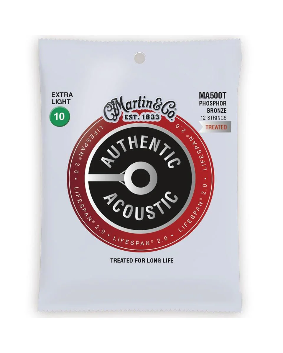 Martin MA500T Authentic Acoustic Lifespan 2.0 Treated Phosphor Bronze 12-String Acoustic Guitar Strings, Extra Light