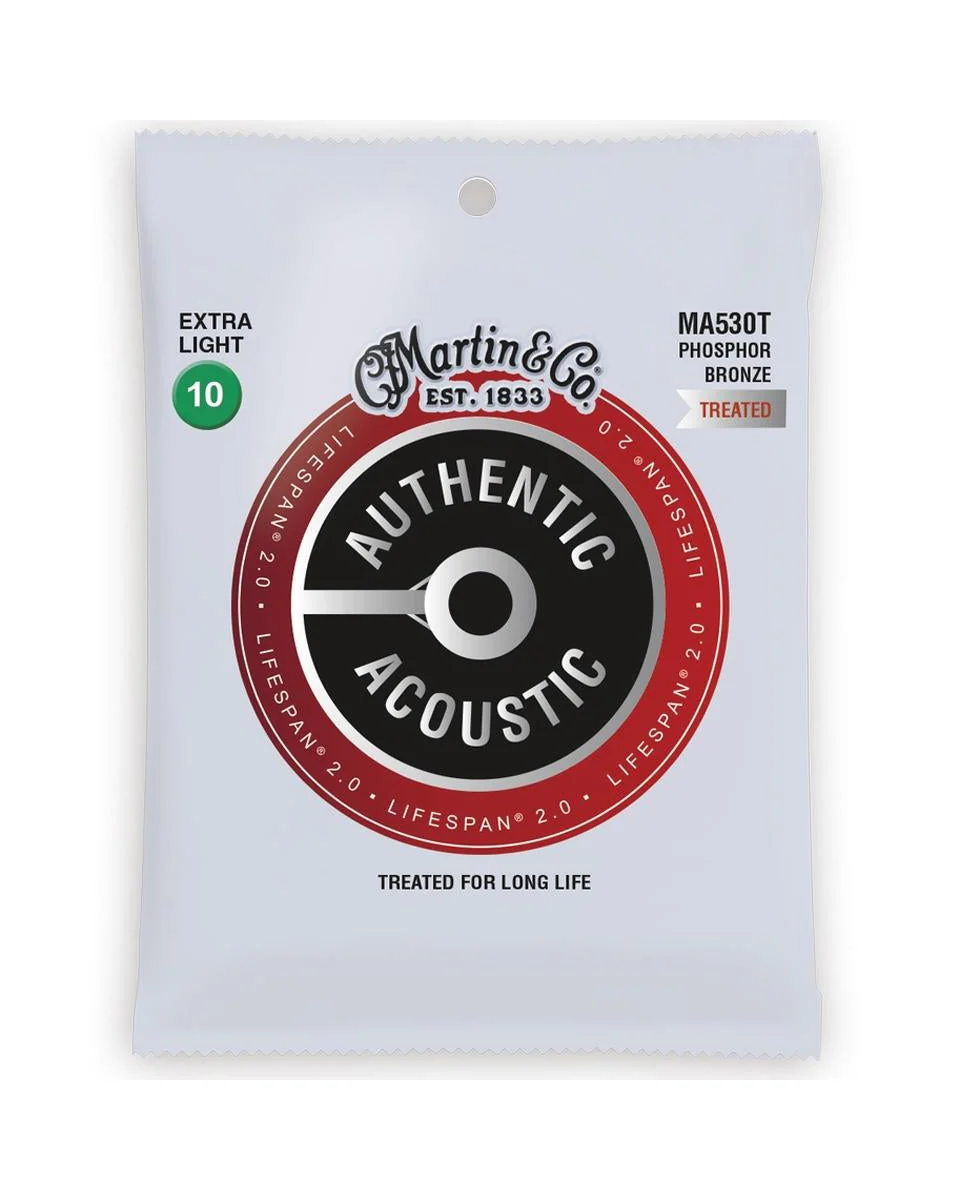 Martin MA530T Authentic Acoustic Lifespan 2.0 Treated Phosphor Bronze Acoustic Guitar Strings, Extra Light