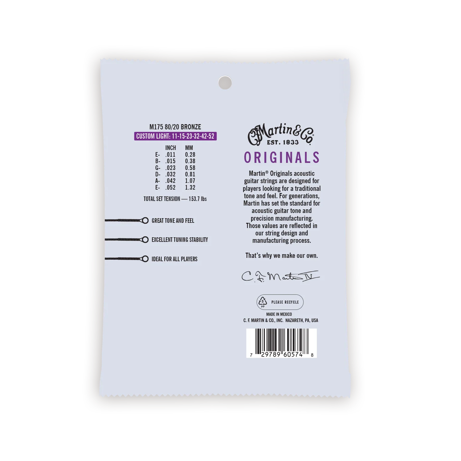 Martin M175 Originals 80/20 Bronze Acoustic Guitar Strings, Custom Light - Image 2